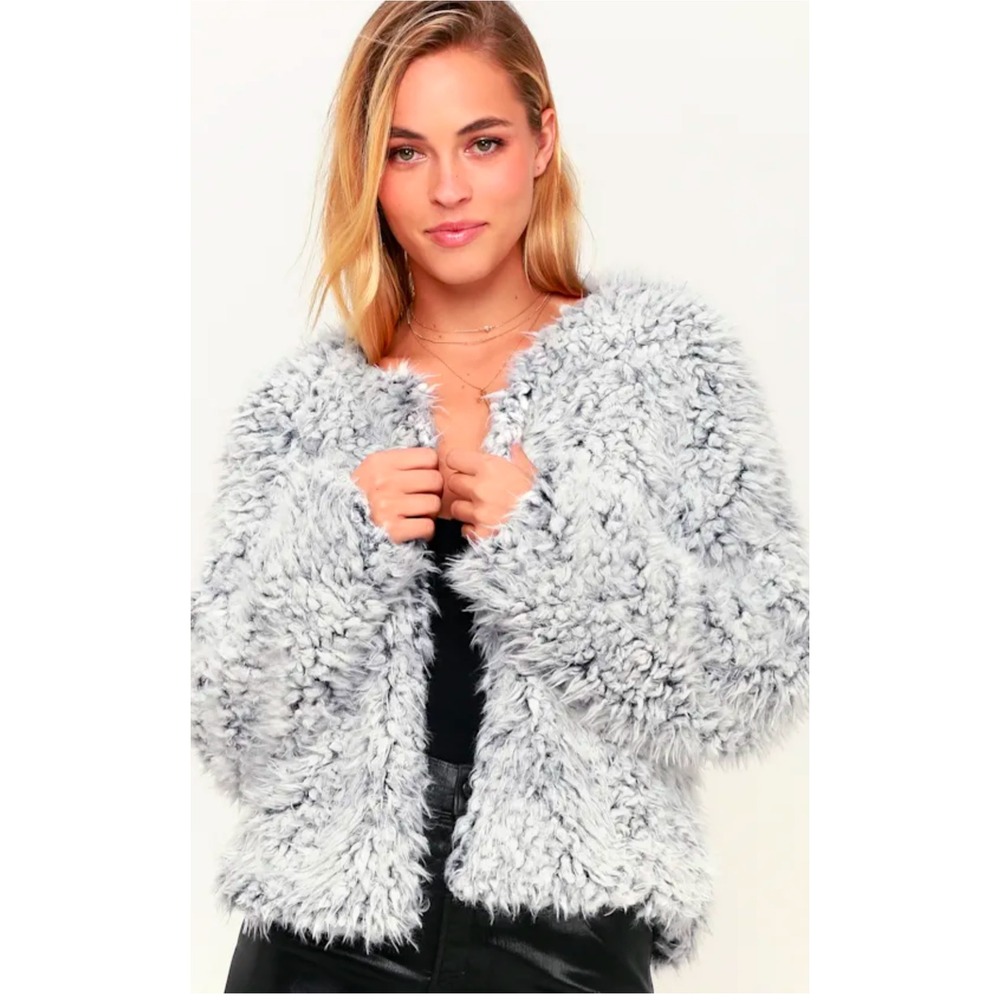 Lulus Grey Faux Fur Shaggy Teddy Jacket Open Front Cardigan Grey Medium